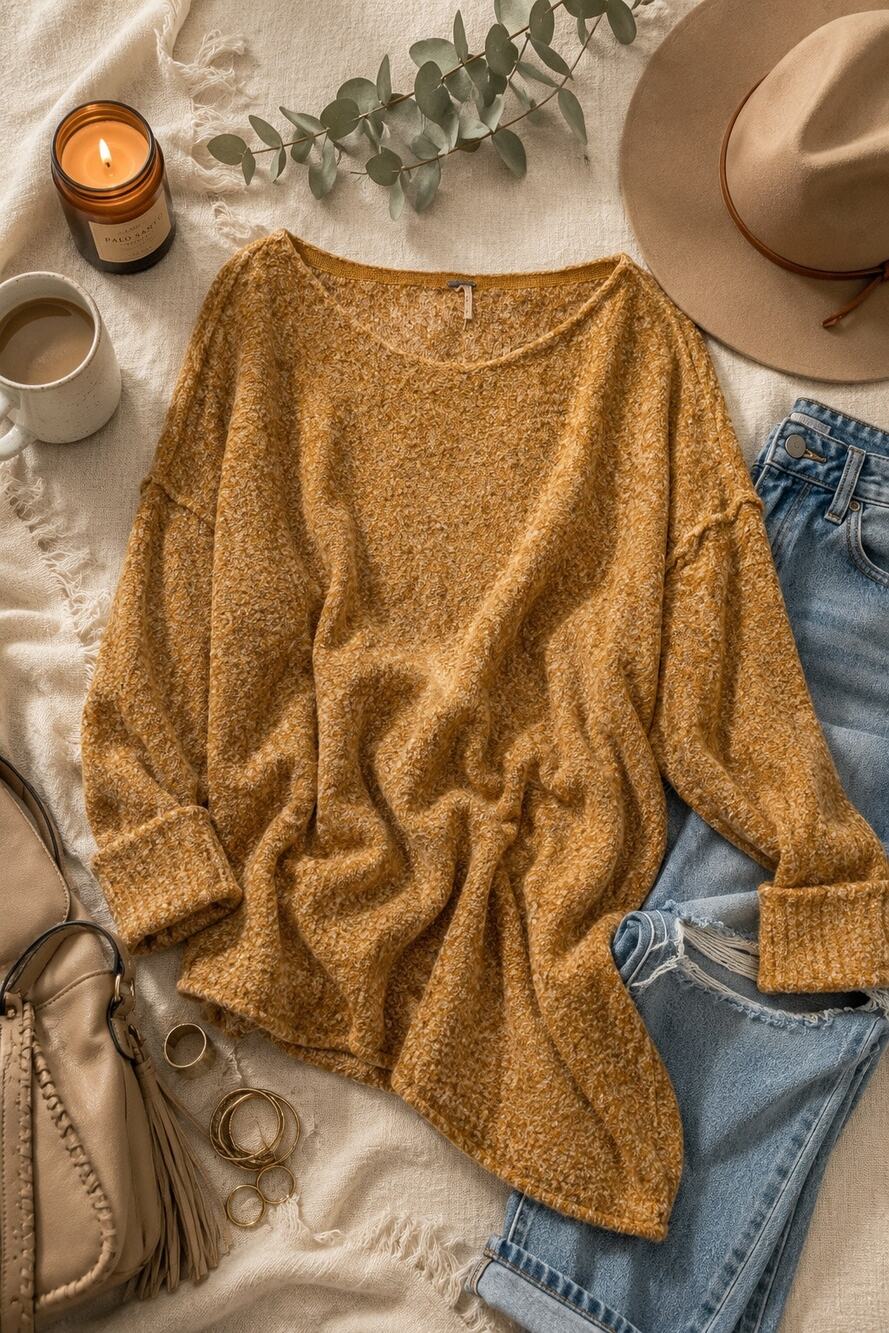 Free People Moira Slouchy Tunic Sweater Honey Marled Knit Small